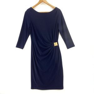 TAHARI Navy Blue 3/4 Sleeve Boat Neck Faux Wrap Dress